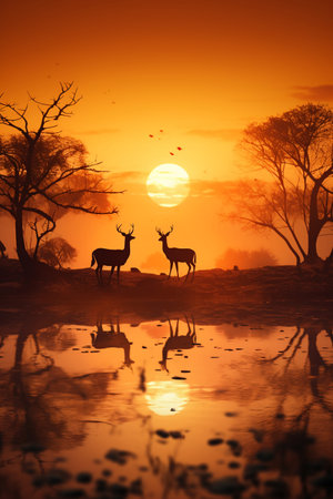 Wildlife reserve sunset, golden light, breathtaking scenery (close up, focus on, copy space) Double exposure silhouette with horizonの素材