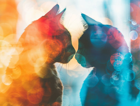 Relaxing at cat cafes with happy cats, plenty of copy space, Double exposure silhouette featuring lounging cats and visitorsの素材