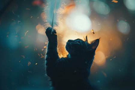 Energetic cat with a feather toy, focus on, radiant shades, Double exposure silhouette with fun atmosphereの素材