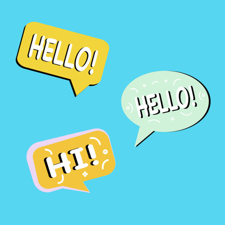 Colorful speech balloons with greetings Hello! and Hi! on bright blue background, conveying cheerful...