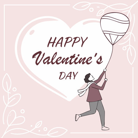 Happy Valentine Day card featuring person holding balloon, surrounded by floral elements. This design captures joy and love of holiday&#xA;のイラスト素材