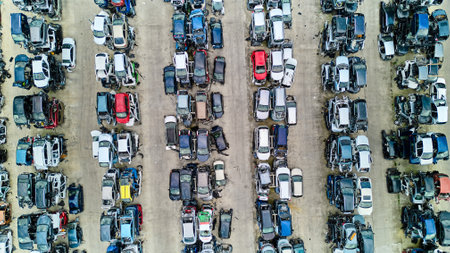 Aerial view image of scrap cars. Aerial view of old cars. Cars for spare parts.の写真素材