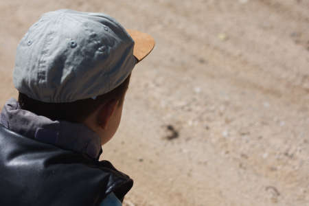 Cute boy observing a colony of ants while going for a walk in the forest with his parents with copy space on the rightの写真素材