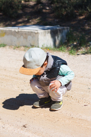 Cute boy observing a colony of ants while going for a walk in the forest with his parents