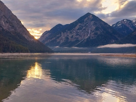 Sunset over the Karwendel lake in Tyrol, Austriaの写真素材