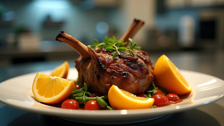 Roasted lamb chops with lemon and arugula on white plateの素材