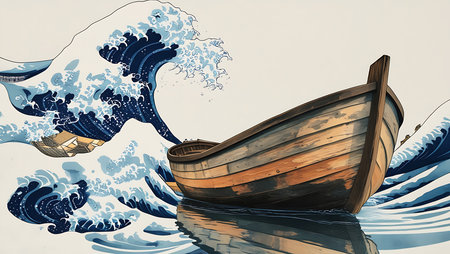 Illustration of a wooden boat in the sea with waves on a white backgroundの素材