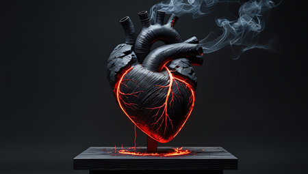 3d rendering of a human heart on a black background with smokeの素材