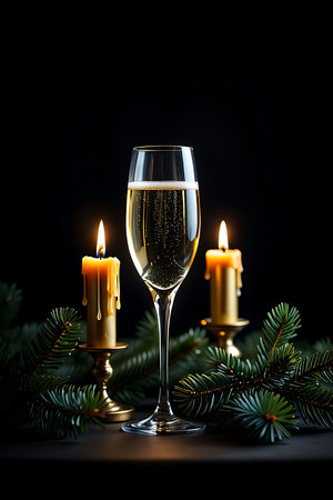 Two glasses of champagne with candles and fir branches on dark background.の素材