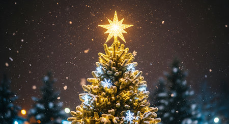 Christmas tree with snowflakes and bokeh lights at nightの素材