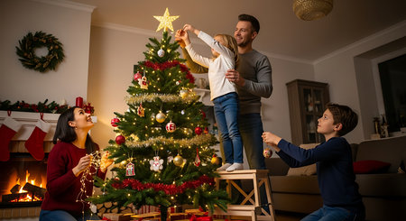 Happy family decorating christmas tree at home in the living roomの素材