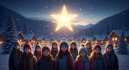 Group of children standing in front of a Christmas village and looking at the starの素材