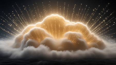 3D rendering of a cloud with golden lights on a dark backgroundの素材