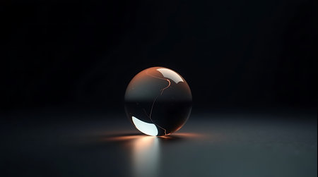 Glowing crystal ball in dark room with reflection. 3D renderingの素材