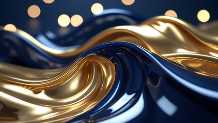 3d rendering of abstract metallic wavy background with bokeh lightsの素材