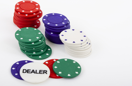 poker chips and  on a white backgroundの写真素材