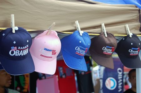 Obama caps for sale at a vending stand outside of Bayfront Park in Miami,Florida where a rally for Obama was held on 22 October 2008, with over 30,000 people in attendanceのeditorial素材