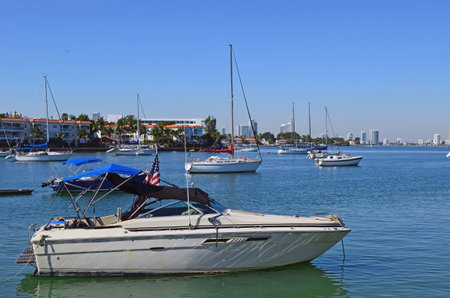 Small Fishing Boat Moored on the Inter coastal waterway in Miami Beach