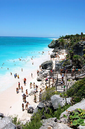 White sand Caribbean beach a popular cruise ship tour destination in Tulum,Mexico on the Yucatan peninsula.のeditorial素材