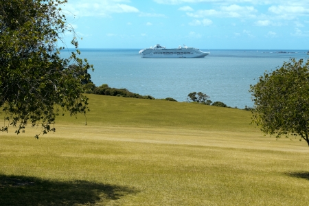 Cruise ship at anchor in the Bay of Islandsの写真素材