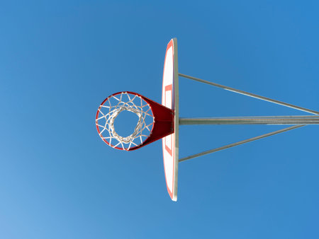 Basketball hoop as seen from underneath goal
