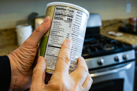 Closeup of mans finger pointing at a food product nutrition label.