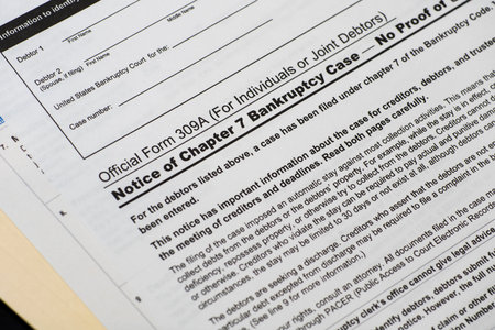 Close up of a chapter 7 bankruptcy notice on desk on a manila folderの写真素材