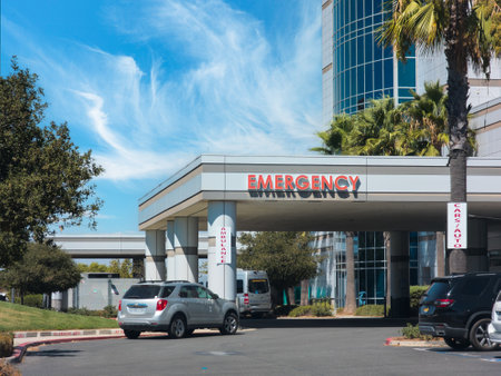 The emergency department entrance of Loma Linda University Medical Center in Murietta, Californiaの写真素材