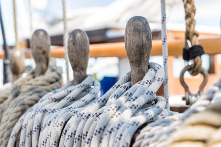 Ropes tied on a ship deck. Shallow depth of field