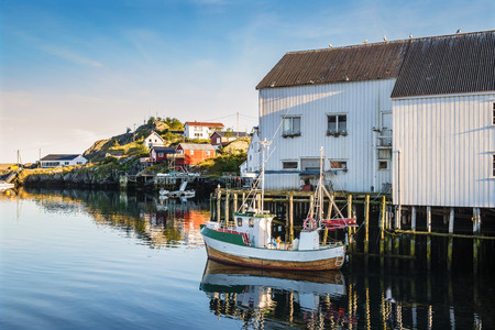 Fishing boat in the harbor on the island of Lofoten. Norway.の写真素材