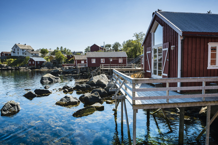 Rorbuer, fisherman house on stilts in Lofoten archipelago, Nusfjord, Norway.の写真素材