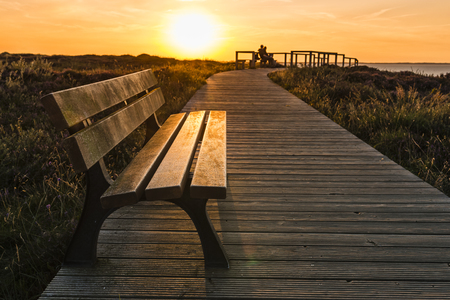 lonely bench on seacoast footpath and beauty sunset horizontal.の写真素材