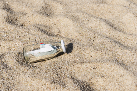 Small paper boat inside a bottle. On boat free place for text.の写真素材