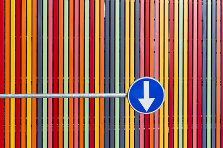 Road-sign on multicolored strips background horizontal.の写真素材