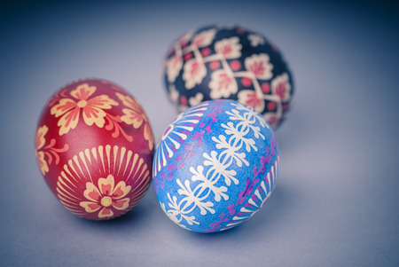 Easter eggs on blue background.の写真素材