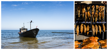 Fishing boat on the coast and smoked fish. Collage of two pictures. Postcard.の写真素材