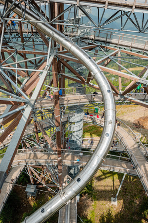 Dolni Morava, Czech Republic - August 27, 2017: Path in the clouds, tourist attraction in Czech Republic. Many tourists climb a spiral platform to the observation tower in the city of Dolni Morava in the northern part of the Czech Republic.のeditorial素材
