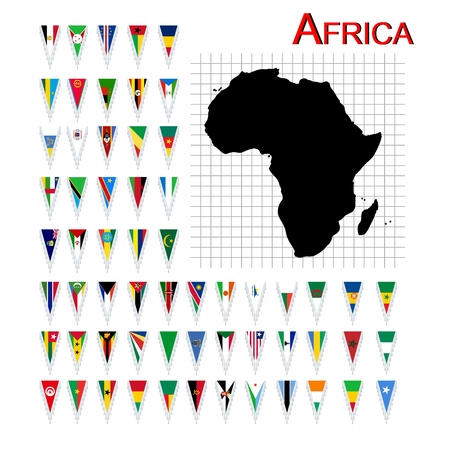 Complete set of African flags and map, isolated and grouped objects over white backgroundのイラスト素材