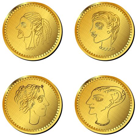 Greek, roman, coins with stylized characters, isolated objects over whiteのイラスト素材