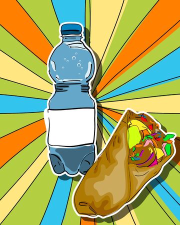 Pop art graphic background with shaorma and water bottle, conceptual  food graphicのイラスト素材