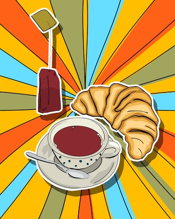 Pop art graphic background with tea cup and croissantのイラスト素材