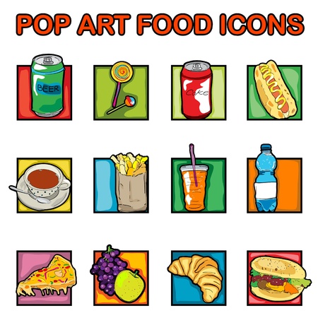 Classic clip art icons with cheeseburger, pizza, beer, soda, coffee, lollipop, juice, croissant, french, fries, fruits, pop art retro graphicsのイラスト素材