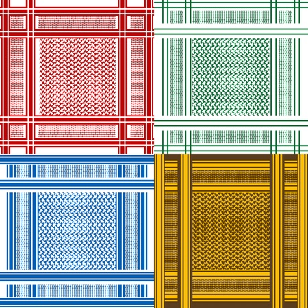 set of arab shemagh scarves with different colors and models, 4 tiles, 1 blue and yellow centered patternのイラスト素材