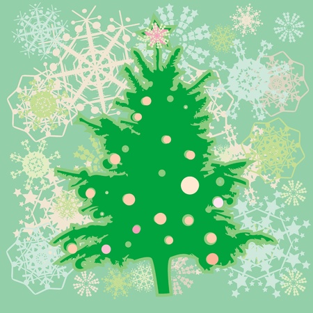 christmas tree over a green background with snowflakes and stars, winter greetings cardのイラスト素材