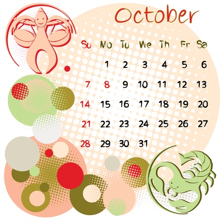 2012 calendar october with zodiac signs and united states holidaysのイラスト素材