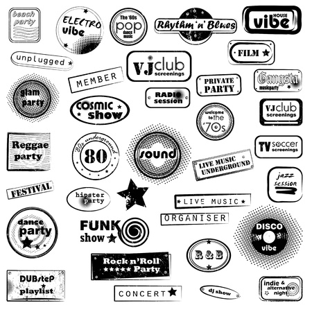 set of retro stamps on party music for a night club or bar, 36 seals with text and pop art designのイラスト素材