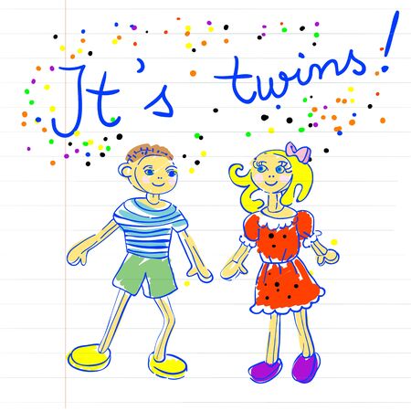 baby arrival childlike marker drawing of a little boy and a little girl on a piece of paper. It's twinsのイラスト素材