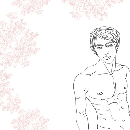 card with handsome man and beautiful floral decoration over whiteのイラスト素材