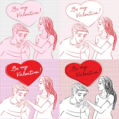 Valentine's Day pop art card set with romantic lovers in casual clothes and heart shaped bubbleのイラスト素材