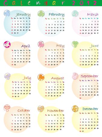 calendar 2012 with zodiac signs and pop art disco dotsのイラスト素材